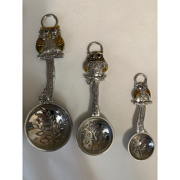 Owls Measuring Spoons Amber Silver Owls Branches Tree Hearts 4 Pc Set - Picture 6 of 13